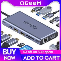 Hubs qgeem usb c hub pour macbook pro triple affichage type c hub to 4k double hdmi vga micro sd carte lecteurs rj45 aux pd usb hub adapter