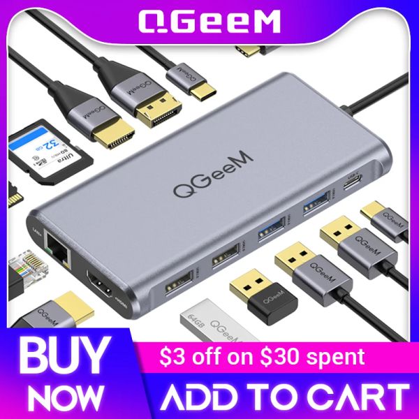 HUBS QGEEM USB C HUB para MacBook Pro Triple Display Type C Hub a Dual 4K HDMI DP Micro SD Lectores de tarjetas RJ45 AUX PD Adaptador de cubo USB USB