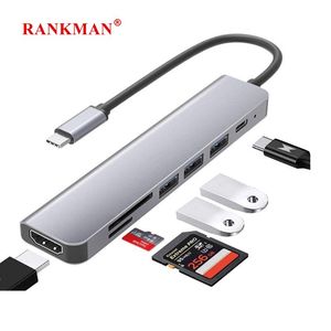 HUBS RANKMAN USB C HUB NAAR 4K HDTV USB 3.0 2.0 DOCK TYPE C SD TF -kaartlezer voor MacBook Ipad Samsung S21 Dex Xiaomi 10 TV -schakelaar