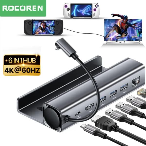 Hubs Rocoren Steam Deck Agking Station 6 en 1 USB C HUB HDMICOMPATIBLE 4K60HZ RJ45 Dock pour Steamdeck Nintendo Switch Asus Rog Ally