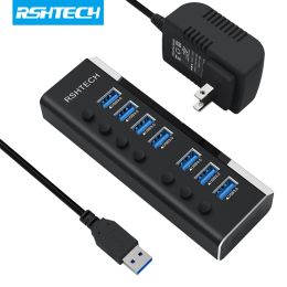 Hubs RSHTech 7port 24W HUB USB 3.0 avec des commutateurs d'alimentation individuels comprend un adaptateur électrique 12V / 2A 5 Gbit