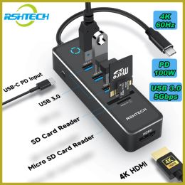 Hubs RSHTech T16 USB C Hub Type C Dongle Adaptateur avec 4K HDMI USB 3.0 PORT 100W PD SD / TF Lecteur de carte USB C Station d'amarrage Hub