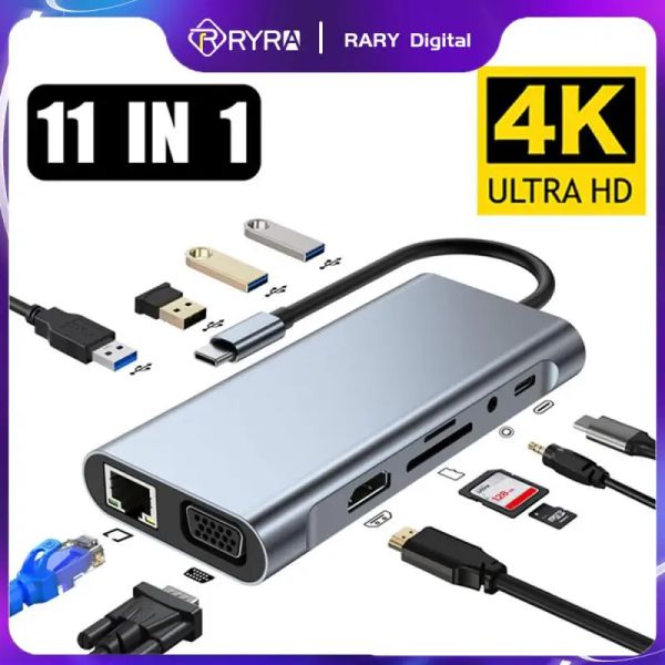 HUBS RYRA 11 en 1 USB C HUB Tipo C DISCUESTO A HDMI 4K Thunderbolt 3 Estación de acoplamiento Adaptador de computadora portátil con tarjeta Aux SD TF RJ45 Vag Hub