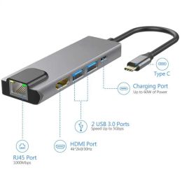 Hubs Ryra Type C Hub 5 dans 1 USB Hub Agking Station Gigabit Network Port Station d'accueil HDMICOMPATIBLE 4K HD ACCESSOIRES