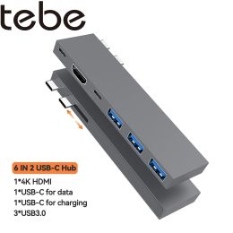 Hubs Tebe Dual USBC Hub 6 in 2 Typec tot 4K HDMIADAPTER Thunderbol USB C Multi USB 3.0 Snelle PD -oplaadsplitter voor MacBook Lenovo