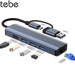 Hubs Tebe USBA + USBC Hub Adapter Type C à Gigabit RJ45 Ethernet USB 3.0 Splitter pour MacBook iPad Samsung Xiaomi 5port USB Hub