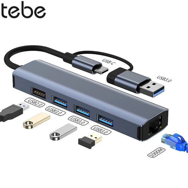 Hubs Tebe USBA + USBC Hub Adapter Type C à Gigabit RJ45 Ethernet USB 3.0 Splitter pour MacBook iPad Samsung Xiaomi 5port USB Hub