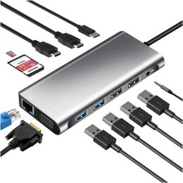 Hubs Triple Display USB C Hub Dual Monitor Adapter Laptop Hub USB C tot 2 HDMI 4K+VGA+Ethernet+100W PD+4USB+Audio voor MacBook Pro Otg