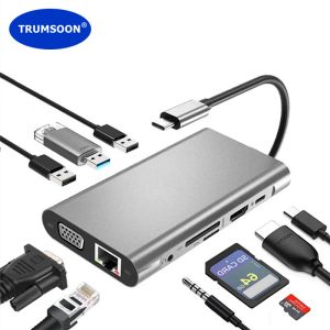 Hubs Trumsoon USB C Hub Type C Gigabit Ethernet 4K HDMICOMPATIBLE VGA SD TF USB 3.0 pour MacBook iPhone 15 Samsung S21 Dex Switch