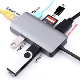 Hubs Tipo C HUB a 4K HDMiCompatible Adaptador USB SD/Lector de tarjetas TF 1000Mbps RJ45 Adaptador de red con carga PD3.0