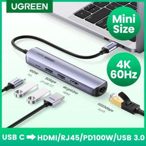 Hubs ugreen usb c hub 4k 60hz mini USB type C 3.1 à HDMI RJ45 PD USB 3.0 Adaptateur OTG USB C Dock pour MacBook Air Pro 2020 PC USB HUB