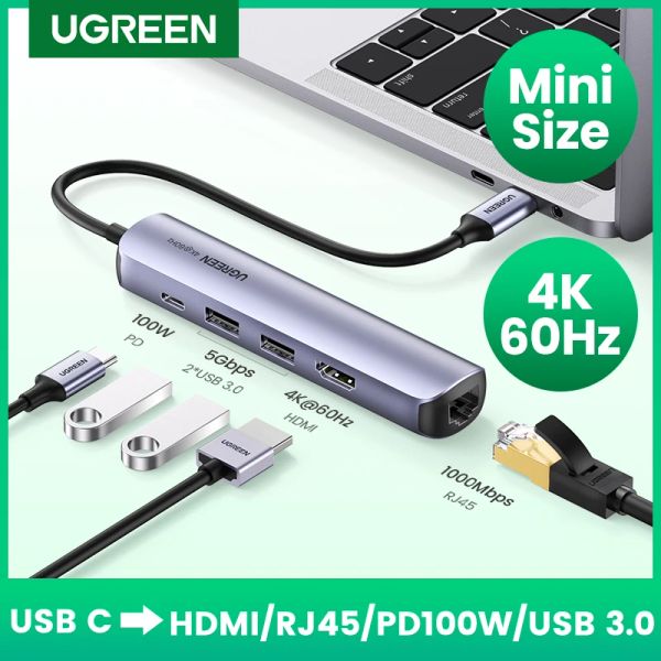 HUBS UGREEN USB C HUB 4K 60Hz Mini USB Tipo C 3.1 a HDMI RJ45 PD USB 3.0 Adaptador OTG USB C Dock para MacBook Air Pro 2020 PC USB Hub 2020