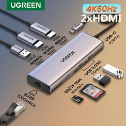 Hubs ugreen usb c hub 4k60hz USB C à 2xhdmi 2.0 RJ45 USB 3.0 PD pour le macbook iPad Pro Air M2 M1 PC accessoires USB C Splitter