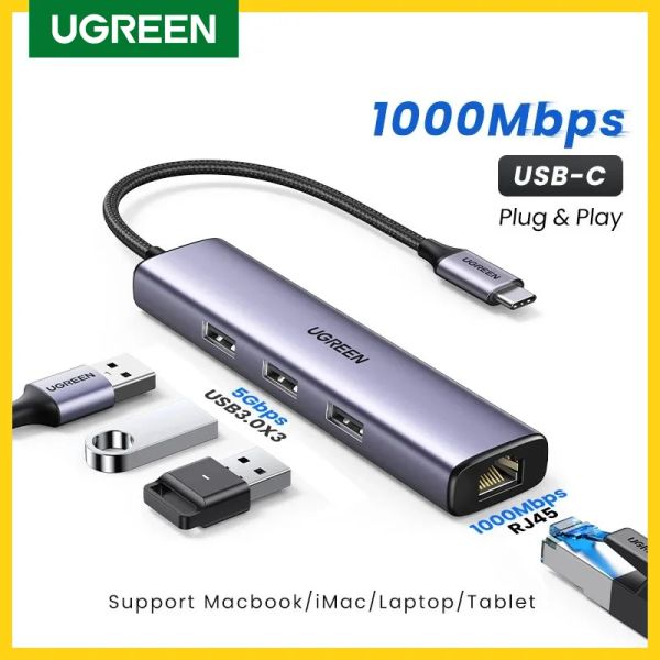 Hubs ugreen usb c hub usb Ethernet adaptateur typec to usb3.0 1000Mbps rj45 lan pour ordinateur