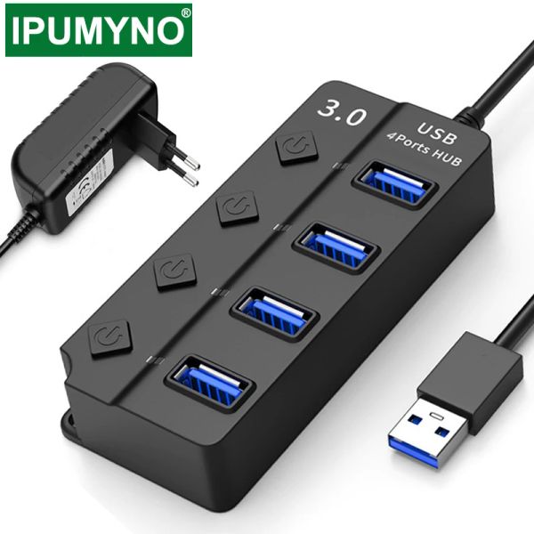 HUBS USB 3.0 HUB Velocidad rápida 4 7 Puerto con EU US Au UK Switch Adaptador de potencia Indicador de LED para la computadora portátil Accesorios para computadora PC Hub3.0