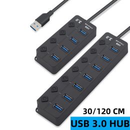 Hubs USB 3.0 Hub USB Splitter 3 0 Multi USB Hub 4 7 Ports Expander met aan/uit Switch LED -indicator 3.0 2.0 HAB 30 120 cm kabel voor pc
