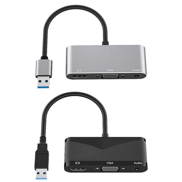 Hubs USB 3.0 à VGA H DMICOMPATIBLE 3.5 Adaptateur audio Dock Hub 3 en 1 1080p HD Multidisplay Converter Splitter pour Windows 7/8/10