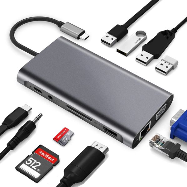 Hubs USB 3.1 Typec Hub to HDMI Adaptateur 4K Thunderbolt 3 USB C Hub 3.0 RJ45 VGA SD TF Reader Slot Pd pour MacBook Air Pro 2020 M1 Chip