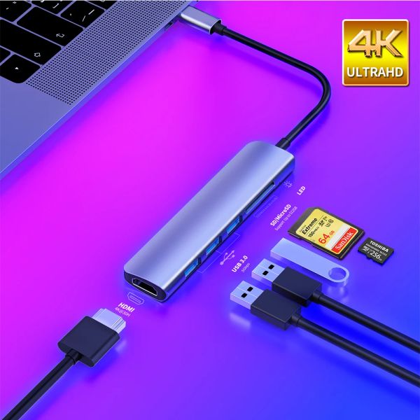 Hubs USB 3.1 Typec Hub to HDMI adaptateur 4k Thunderbolt 3 HUB C C HUB avec hub 3.0 TF SD Reader Slot Pd pour MacBook Pro / Air / Huawei Mate