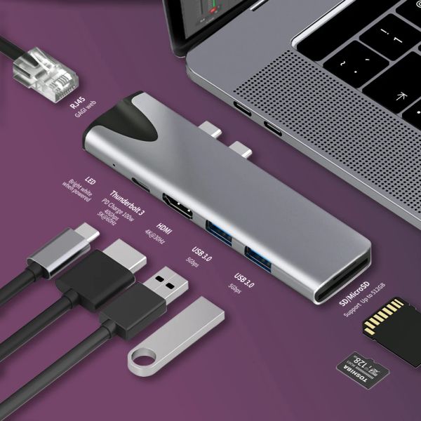 Hubs USB 3.1 HUB TYPEC TO RJ45 HDMI Adaptateur 4K Thunderbolt 3 USB C Hub avec Hub 3.0 TF SD Reader Slot Pd pour MacBook Pro / Air