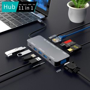 Hubs USB C Hub 11in1 Type C Station d'amarrage du hub avec Gigabit Ethernet, 4K USB C à HDMI, VGA, SD / TF, Mic / Audio, PD pour MacBook Air / Pro