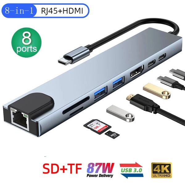 Hubs USB C Hub 3.0 Splitter USB 8 en 1 Type C à HDMI RJ45 PD 87W Adaptateur USB 3.0 Hub avec SD TF TYPEC 3 HAB pour MacBook Air iPad