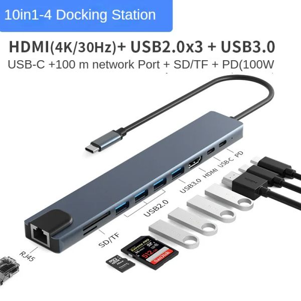 Hubs USB C Hub 4k 30Hz Type C 10 dans 1 Station d'accueil 3.0USB Adaptateur Splitter PD 100W Charge SD / TF Card Slot pour PC MacBook Pro Air