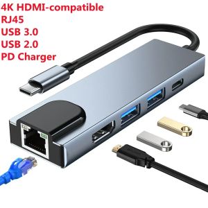 Hubs USB C Hub 5in1 Adaptateur multiport avec USB 3.0 Network PD Charger 4K HDMI Adaptateur compatible pour tous les types d'ordinateurs portables