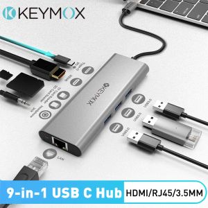 Hubs USB C Hub 9 dans 1 Dock Adaptateur Multiport Adaptateur Type C Splitter à 4K HDMI avec Ethernet PD Charges de 3,5 mm Jack SD Lecteur de carte