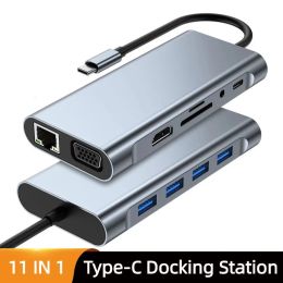 HUBS USB C Adaptador Hub Laptop Tipo C 11 en 1 Puerto de visualización de cable VGA conector RJ45 a HDMicompatible 4K LAN Ethernet HDTV PD TF Tarjeta