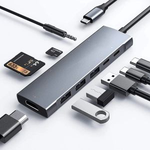 Hubs USB C Hub pour iPad Pro Air 9in1 Adaptateur avec charge PD HDMI 4K, lecteur de carte SD / Micro, USB 3.0, 3,5 mm Jack de casque C