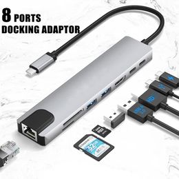 Hubs USB C Hub pour MacBook 8 dans 1 adaptateur PC PD Charge 8 ports Dock Station RJ45 HDMICOMPATIBLE TF / SD Carte MacBook Typec Splitter