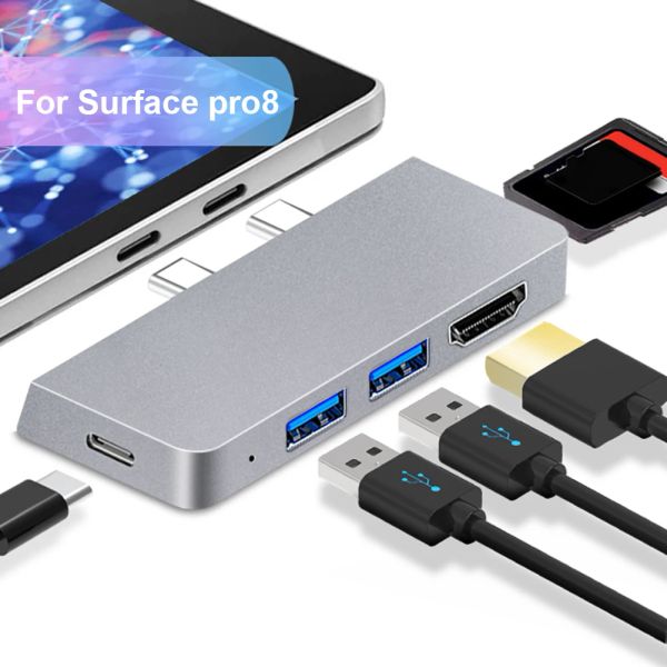 Hubs USB C HUB para Microsoft Surface Pro X 8 9 Typec Dock Adapter USB 3.0 HDMI TF SD REECTOR LETAP ATAPTAP PORTACIÓN DE LA COMPLETA DE LA COMPLETA