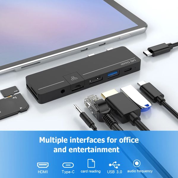 HUBS USB C HUB para Microsoft Surface Pro 8 HDMiCompatible RJ45 Audio de 3.5 mm USB3.0 Lector de tarjetas TF PD Typec Adaptador para Surface Pro X