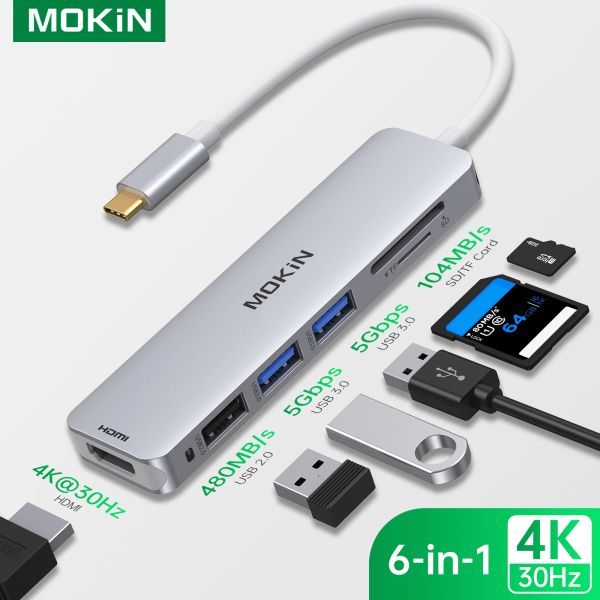 Hubs USB C Hub HDMI Adaptateur pour MacBook Pro 2019/2018, Mokin 5 in 1 Dongle USBC à HDMI, lecteur de carte SD / TF, 2 ports USB 3.0 (Silver)