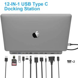 Hubs USB C Hub MST Triple Monitor Docking Station Extended Display met twee HDMI VGA RJ45 Ethernet SD TF PD Aux voor MacBook Surface