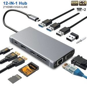 Hubs USB C Hub Triple Display Dual Monitor Adapter Docking Station met 2 HDMI 4K VGA 1000 Mbps Ethernet 100W PD Audio voor MacBook Pro