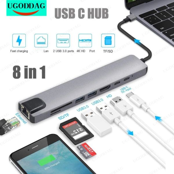Hubs USB C Hub Type C Adaptateur avec 4K USB C à HDMICOMPATIBLE Ethernet 2 ports USB 3.0 USBC PD pour pour l'iMac Air MacBook Pro