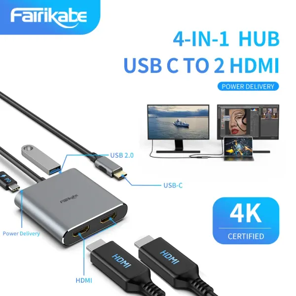 Hubs USB C à 2 HDMI Hub 4in1 Adaptateur HDMI Dual 4K60Hz Typec à double station d'accueil HDMI pour iPhone15 Dellxps Thinkpad Galaxys20 HP