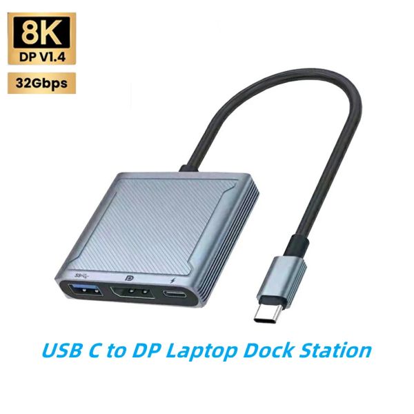 Hubs USB C à 8k DP Dock Station 3IN1 Hub Thunderbolt3 / 4 TYPEC à DisplayPort 1.4 PD100W Adaptateur USB de charge pour les ordinateurs portables PC Monitor