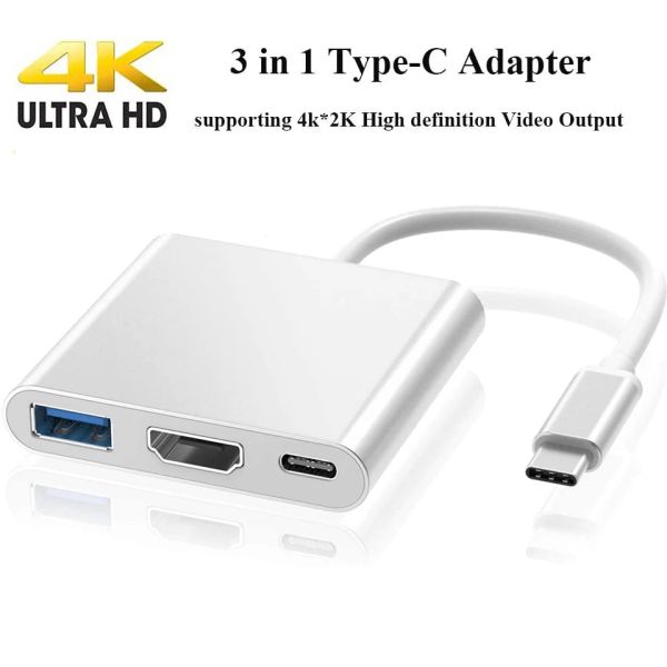 Hubs USB C à l'adaptateur HDMI, Hub 3 IN1 Type C avec sortie HDMI 4K, port USB 3.0, port USB C, adaptateur multiport numérique USBC
