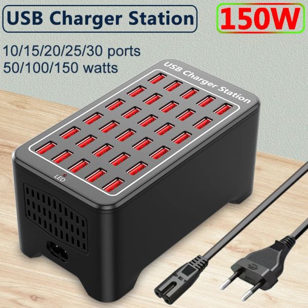 HUBS CARGADOR USB 10 15 20 25 30 Puertos Hub 150W Estación de carga rápida de escritorio universal Adaptador de alimentación de puerto múltiple para teléfono móvil