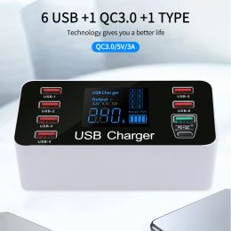 Hubs USB Charger Station Quick Charger 3.0 Affichage numérique Smart LED 40W 8port Multi USB Type C PD Charger Fast Charging Station Hub