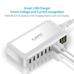 Hubs USB -lader met LED Digital Display 40W 8A Max 2.4A 8Ports USB Hub Charger voor iPhone iPad smartphone en andere apparaten