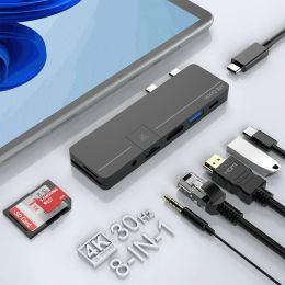 Hubs USB Docking Station voor Surface Pro 9 C Type Hub met 4K HDMI, USBC Thunderbolt 4 (DP+PD -oplaad+gegevens), 100m LAN, audiopoort