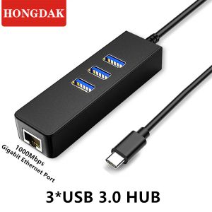Hubs USB Ethernet avec 3 ports USB Hub 3.0 RJ45 LAN Card réseau USB Adaptateur Ethernet pour Mac iOS Android PC RTL8152 Typec Hub
