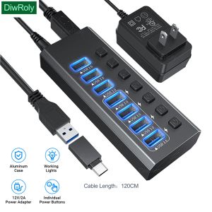 Hubs USB Hub 3.0 Splateur multi-usb à haute vitesse 7 Port 3 HAB Adaptateur de puissance rapide Charge avec un câble long Switch Long avec un expanseur multiple