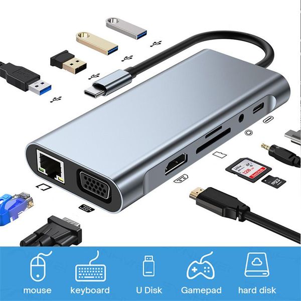 Hubs USB Hub Adaptateur Multiport 11 en 1 Type Station d'accueil 4K Vga RJ45 Lan Ethernet Sd/Tf Dock Pc Laptop SplitterUSB USBUSB