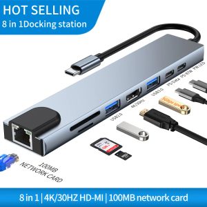 Hubs USB Hub naar USB 3.0 1000 MB RJ45 Adapter Dock voor M1 MacBook Pro Air 13 Accessoires USBC Type C SD TF Splitter 8 Port PD Data Hub