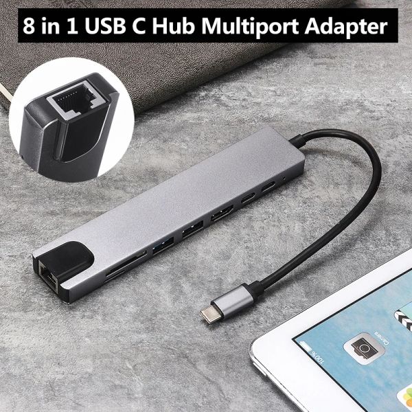 Hubs USB Hub vers USB 3.0 Femme 4K HDMICOMPATIBLE 8 dans 1 Ports Adaptateur Multifinection Ethernet Dongle Network Connecteur pour MacBook